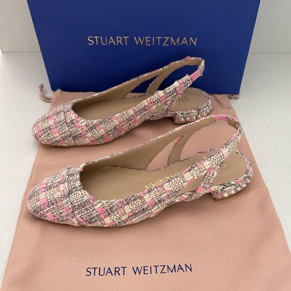 STUART WEITZMAN Womens Pink Plaid Tweed Slingback Pearl Slip On Flats 6B